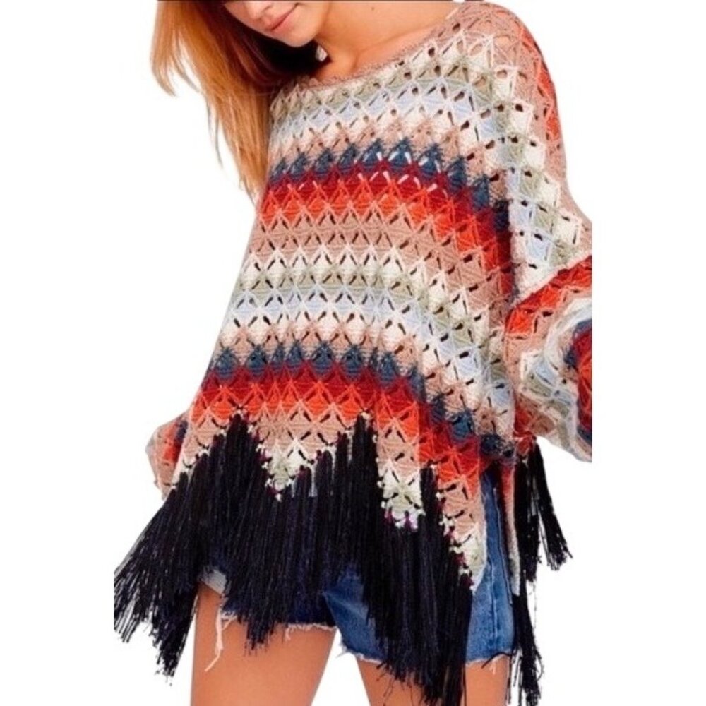 Free People Crochet Fringe Scalloped Hem Knit Poncho Top | Coastal Cowgirl Boho